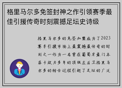 格里马尔多免签封神之作引领赛季最佳引援传奇时刻震撼足坛史诗级